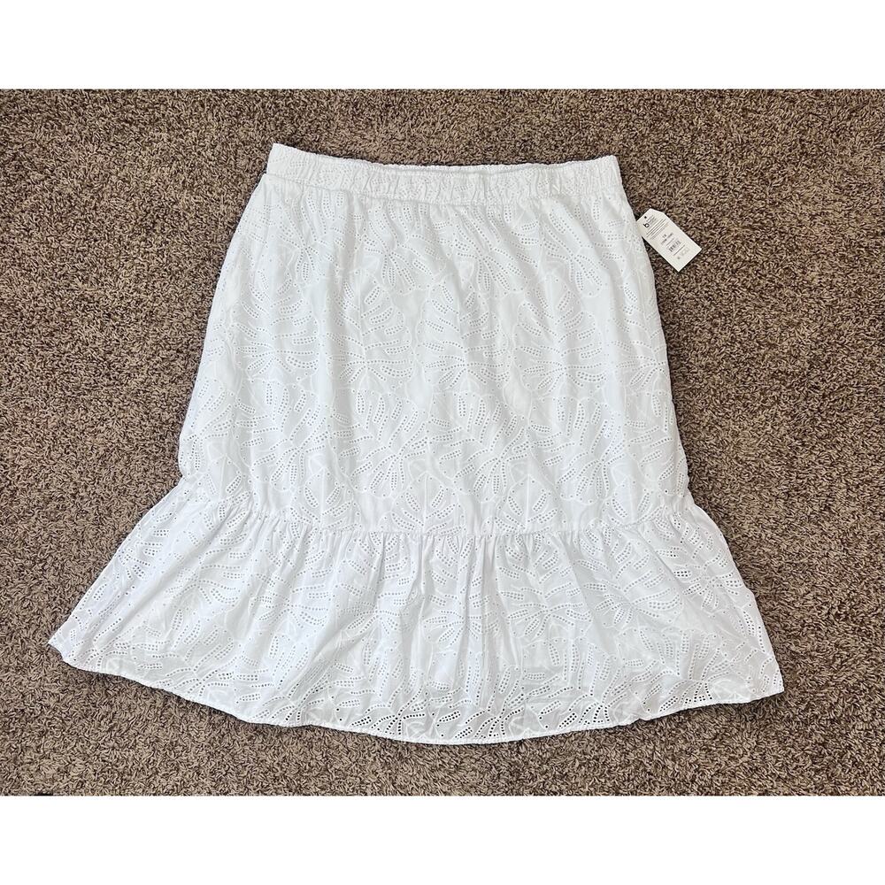 White Eyelet Midi Skirt 1X Tiered Cotton Boho Cottagecore Elastic Waist - Picture 2 of 11